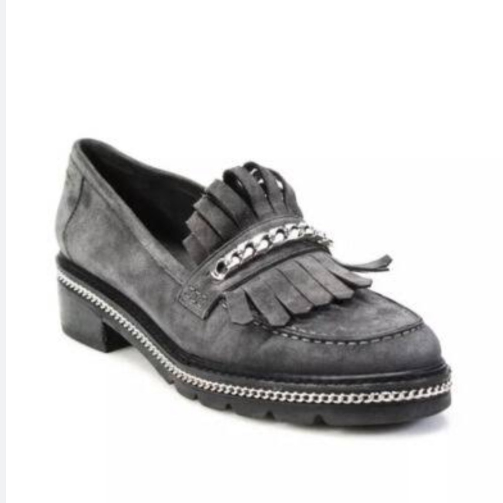 Stuart Weitzman Grey Suede Chain and Kilt Fringe Tassel Loafers